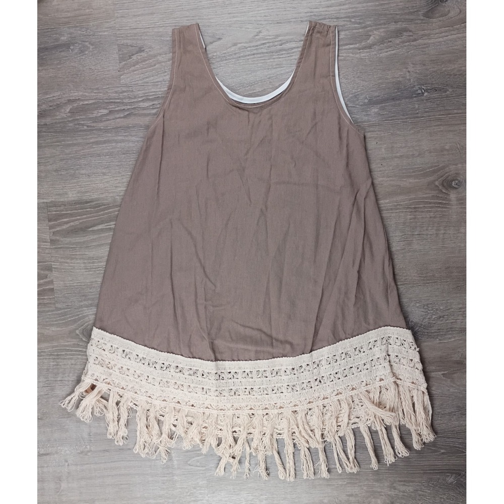 Farmhouse Frocks S Brown Cottage Shift Dress Sleeveless Scoop Crochet Fringe God